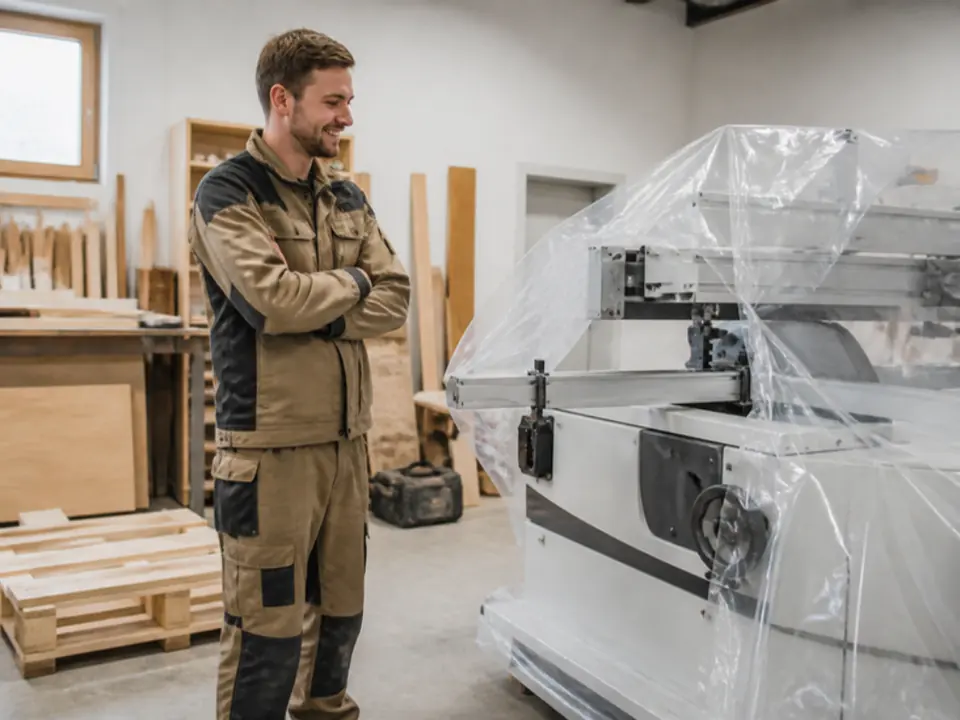 Junger Tischler in seiner eigenen Werkstatt neben der neuen, noch verpackten Maschine